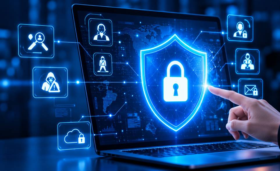 Finger touching a glowing digital security shield with a padlock surrounded by protected user and app icons