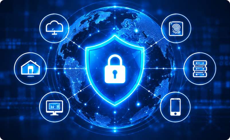 Glowing security shield with a padlock over a digital globe, connected to cloud, server, endpoint and mobile device icons