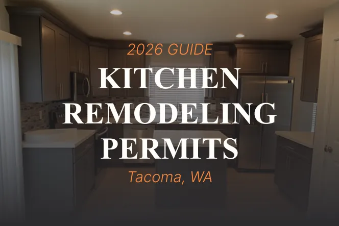 ext overlay "2026 Guide: Kitchen Remodeling Permits, Tacoma, WA" on a dark-toned kitchen background.