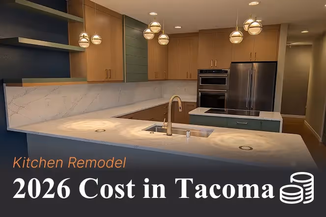 Modern kitchen with marble countertops, wood cabinets, and pendant lights. Text: "Kitchen Remodel 2026 Cost in Tacoma" with coins icon.