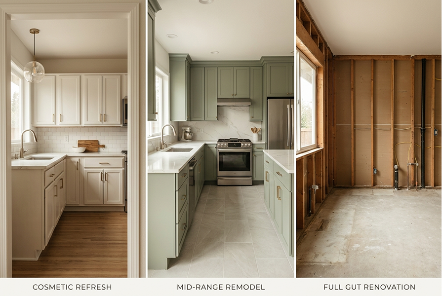 Three kitchen remodel scopes side by side — cosmetic refresh, mid-range remodel, and full gut renovation