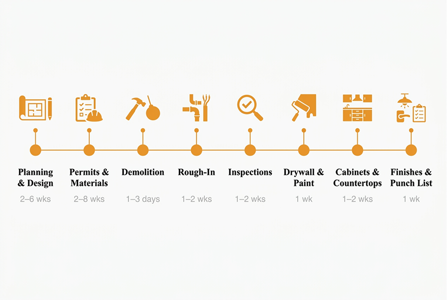 Kitchen remodel phase timeline from planning through final inspection