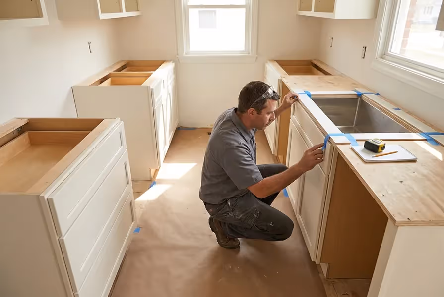 Countertop fabricator templating a newly installed kitchen cabinet run in Tacoma
