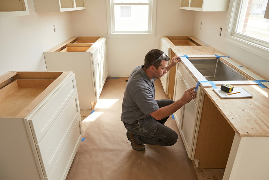 Countertop fabricator templating a newly installed kitchen cabinet run in Tacoma