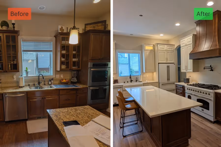 Side-by-side photos of a kitchen remodel. The "Before" has dark wood and granite; the "After" features white cabinets, a large island, and a range.