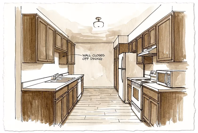 Kitchen sketch showing solid upper cabinets blocking the view, labeled with an arrow stating "WALL CLOSES OFF DINING."