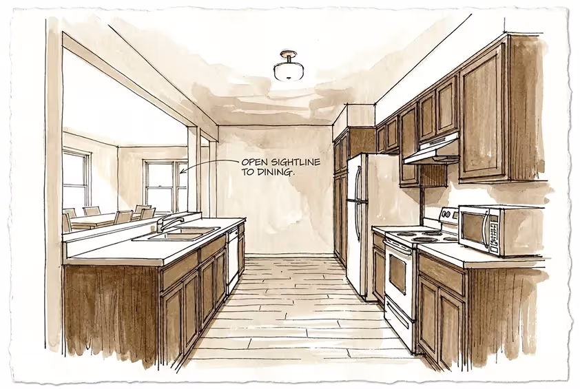 Kitchen sketch showing a wide wall cutout opening into a dining room, labeled "OPEN SIGHTLINE TO DINING."