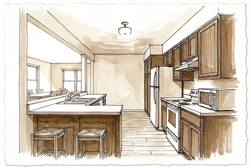 Kitchen sketch featuring an open peninsula counter with two woven-seat barstools looking into an adjacent dining area.