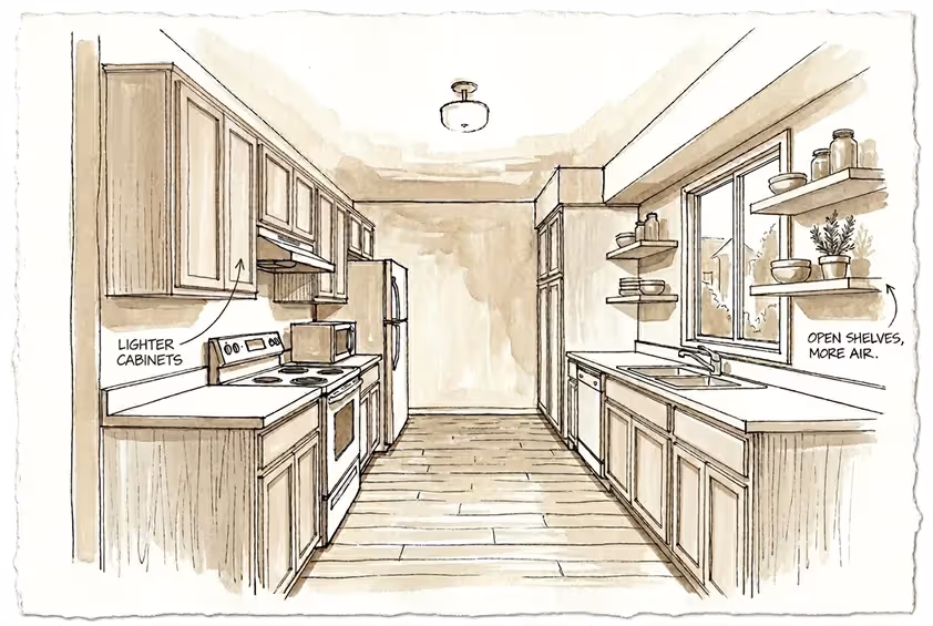 Galley kitchen sketch labeled "LIGHTER CABINETS" on one side and "OPEN SHELVES, MORE AIR" flanking a window on the other.
