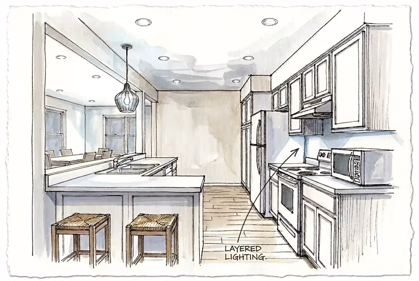 Kitchen sketch highlighting a peninsula with stools, recessed ceiling lights, and under-cabinet lighting labeled "LAYERED LIGHTING."