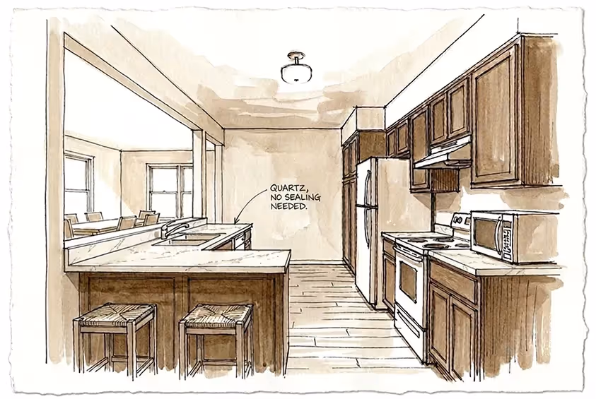 Kitchen sketch featuring dark wood cabinets and a breakfast bar countertop labeled "QUARTZ, NO SEALING NEEDED."
