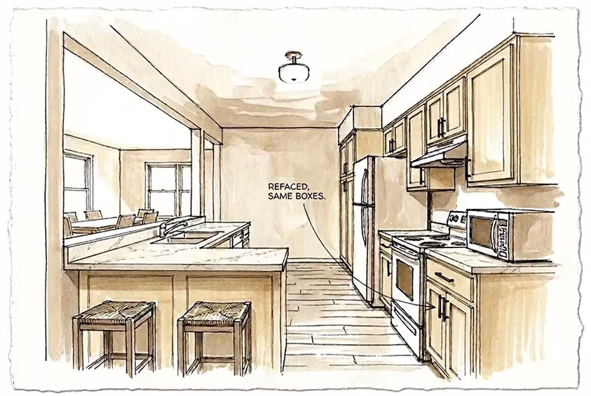 Kitchen sketch showing lighter wood cabinets and drawers labeled with an arrow as "REFACED, SAME BOXES."