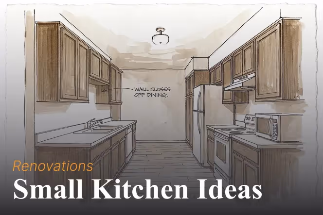 Blog header graphic with a kitchen sketch background and text overlay reading "Renovations: Small Kitchen Ideas."