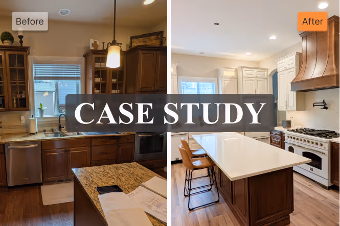 Side-by-side photos of a kitchen remodel. The "Before" has dark wood and granite; the "After" features white cabinets, a large island, and a range.