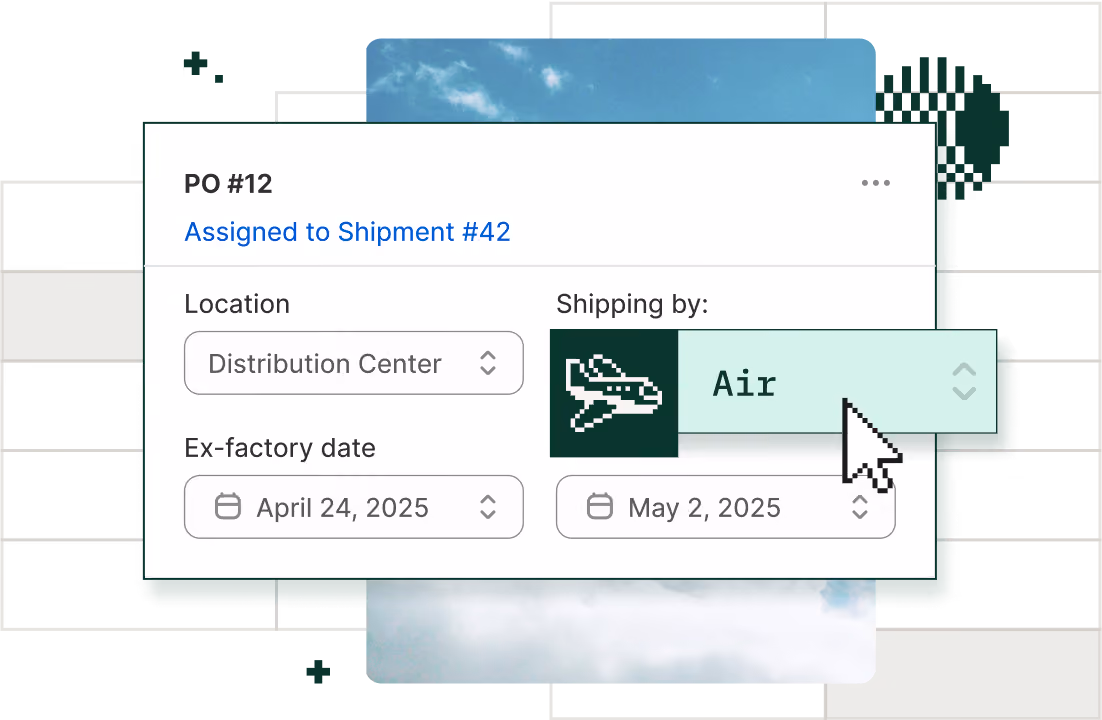 Illustration of some purchase order and shipment fields. The background has fun pixel elements, a blue sky, and a subtle nod to excel spreadsheets.