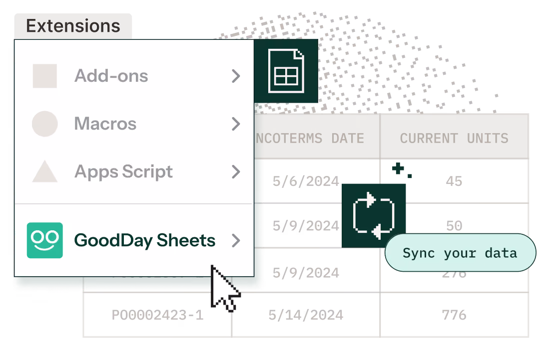 Illustration of the GoodDay Google Sheets app, with pixel icons and fun, dithered shapes showcasing the spreadsheet layout and our data sync