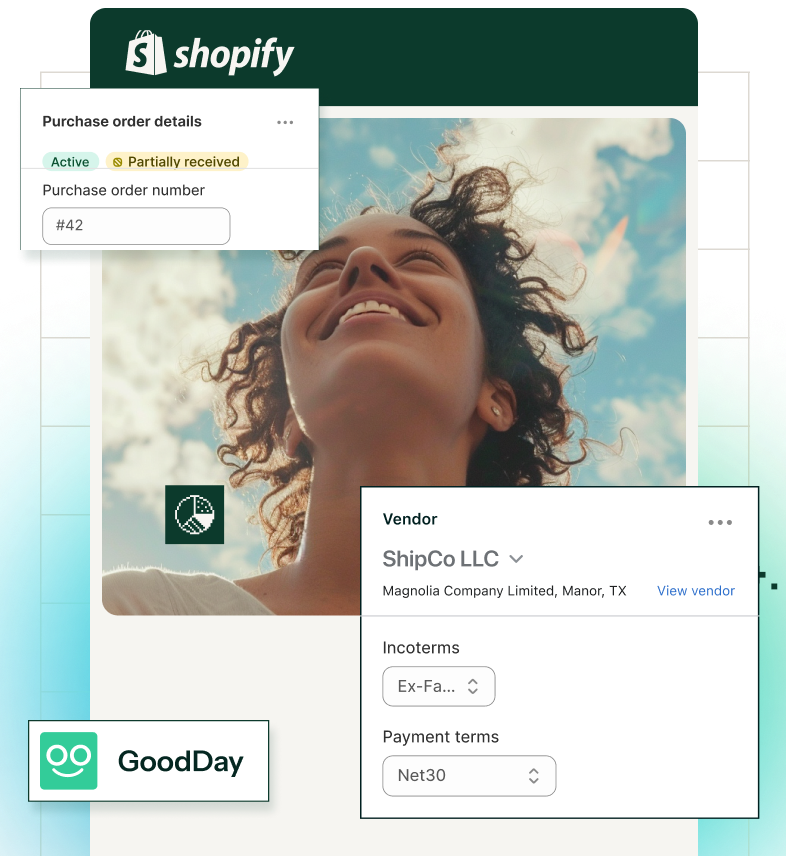 Photo collage illustration with fun pixel icons and a smiling woman standing in front of a blue sky with fluffy clouds, all embedded inside the Shopify web page. UI elements and fun pixel icons interact to showcase purchase orders, shipments, vendors, and our logo.