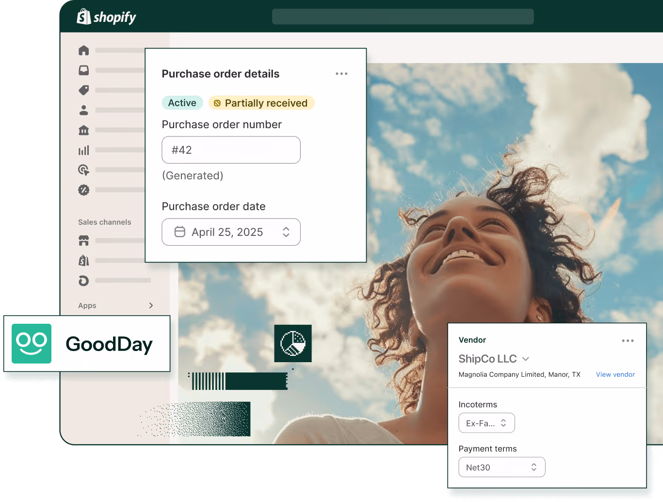 Shopify interface showing purchase order details including active status, purchase order number 42, date April 25, 2025, and vendor ShipCo LLC with payment terms Net30.