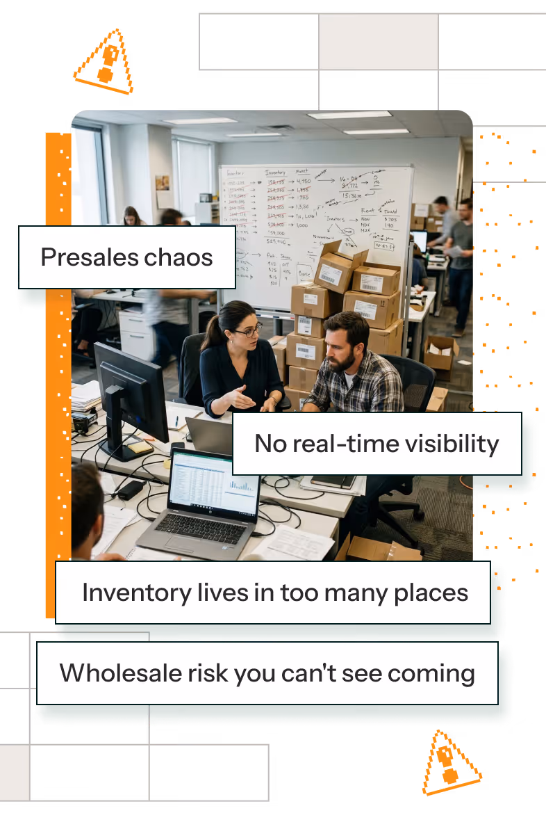 Office scene with two people discussing at a desk with laptops and a whiteboard with inventory data and stacked boxes in the background, overlaid with text about presales chaos, no real-time visibility, inventory scattered, and wholesale risk.