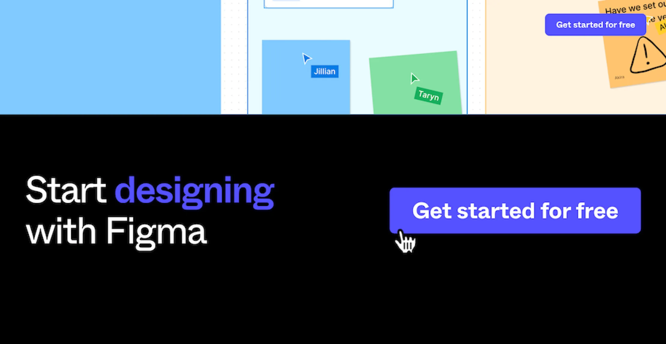 Figma promotional banner with the text 'Start designing with Figma' and a call-to-action button saying 'Get started for free'.