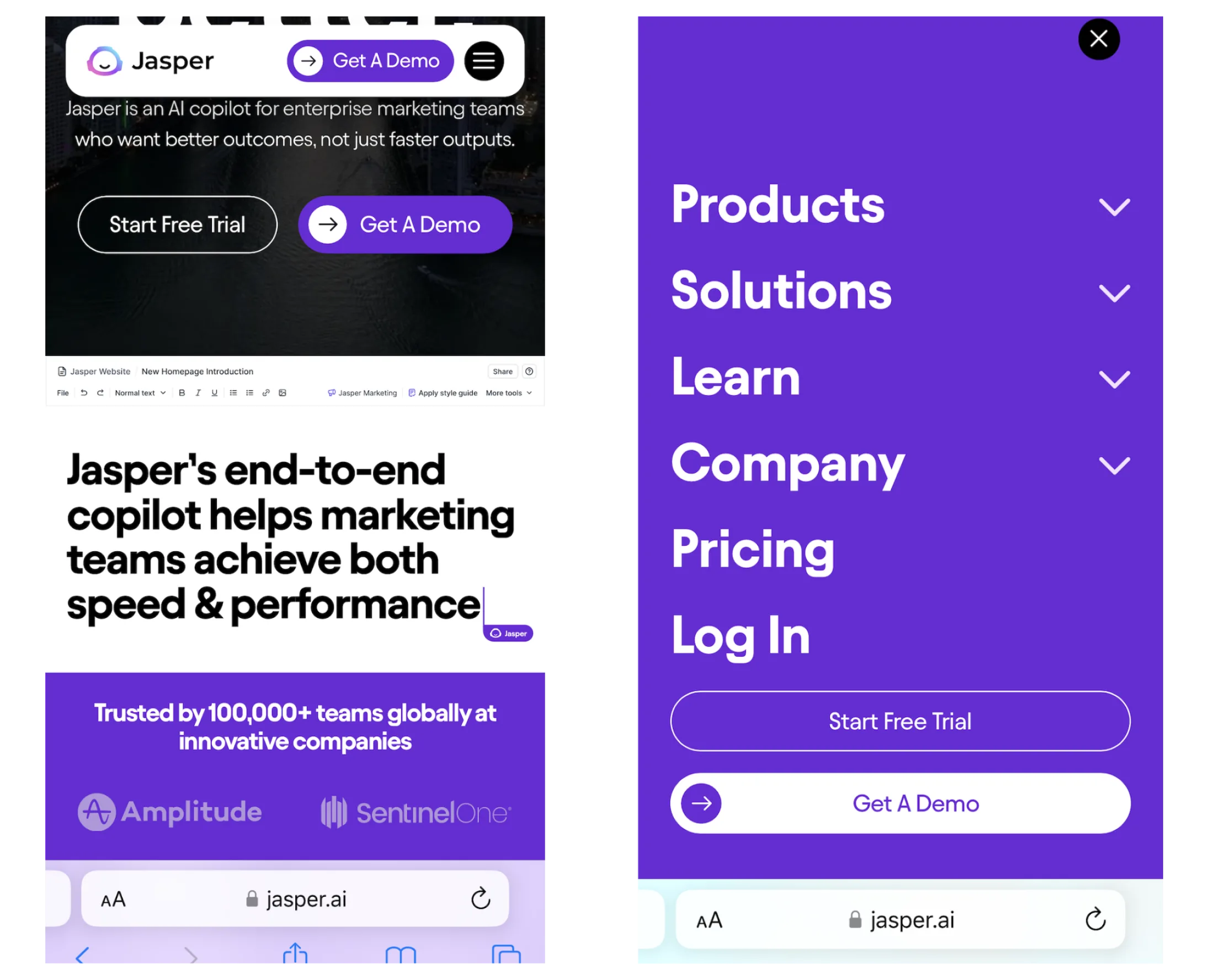 Mobile views of Jasper.ai’s website showing options to 'Start Free Trial' or 'Get A Demo', with menu sections for Products, Solutions, Learn, Company, and Pricing.