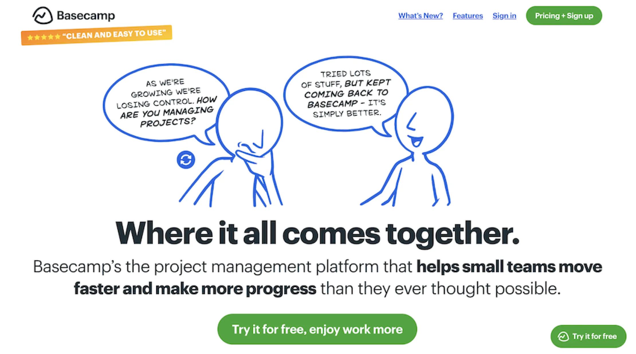 Basecamp homepage featuring a cartoon conversation about project management and a headline that reads 'Where it all comes together.' Includes call-to-action buttons to try it for free.
