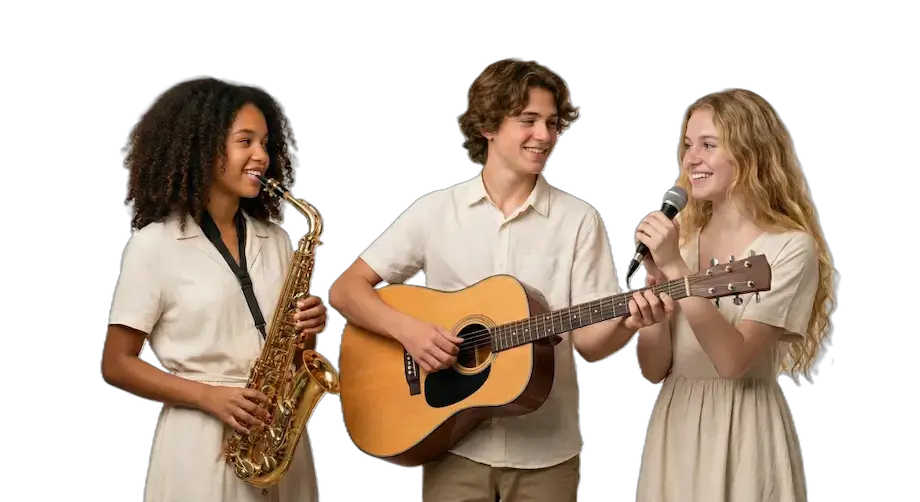 Students singing and playing guitar and saxophone at Cadenza Academy in North Vancouver
