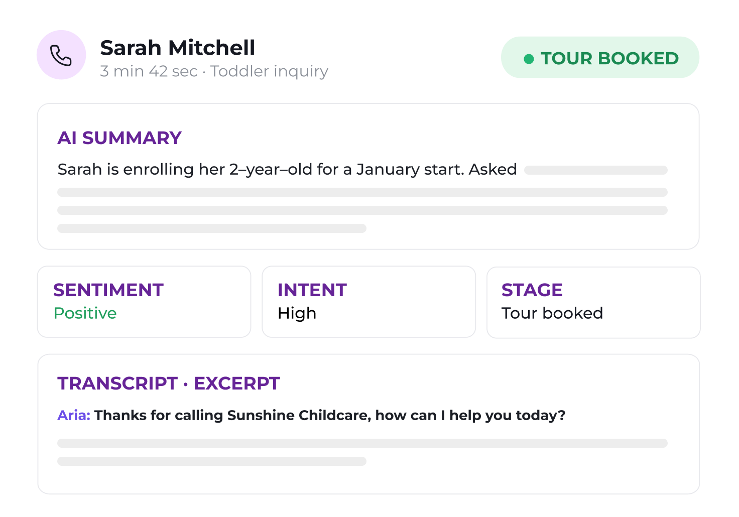 AI Call Intelligence summary showing sentiment, intent, and enrollment stage for a parent phone inquiry
