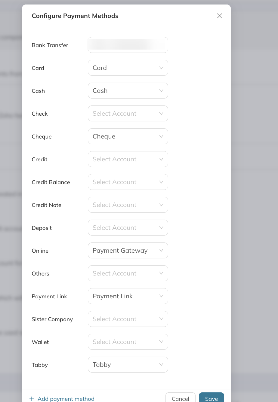 Mapping illumine payment methods to the matching Zoho accounts