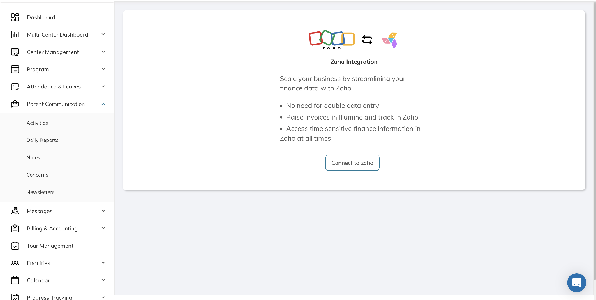 The Zoho Integration intro screen with the Connect to Zoho button