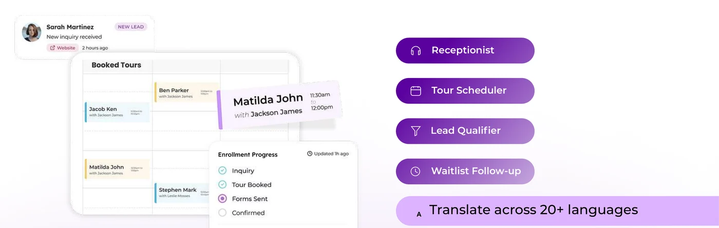 Connected Montessori enrollment journey with AI agents for receptionist, tour scheduling, lead qualification, waitlist follow-up and translation across 20+ languages
