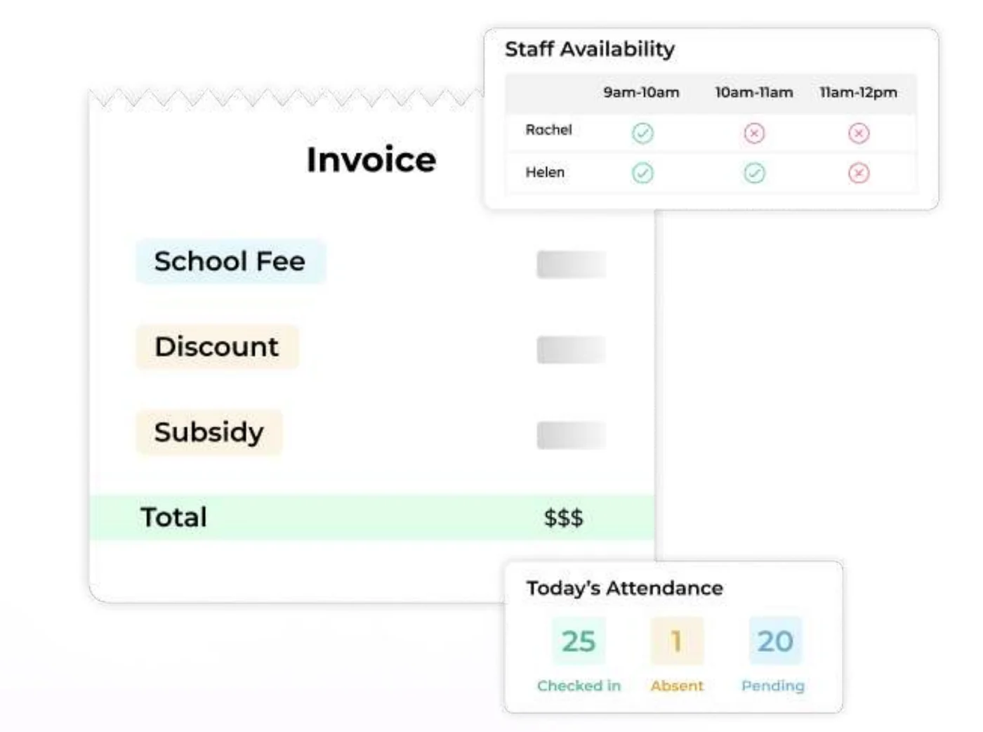 illumine billing and center management view showing an invoice with fees, discount and subsidy, staff availability and today's attendance