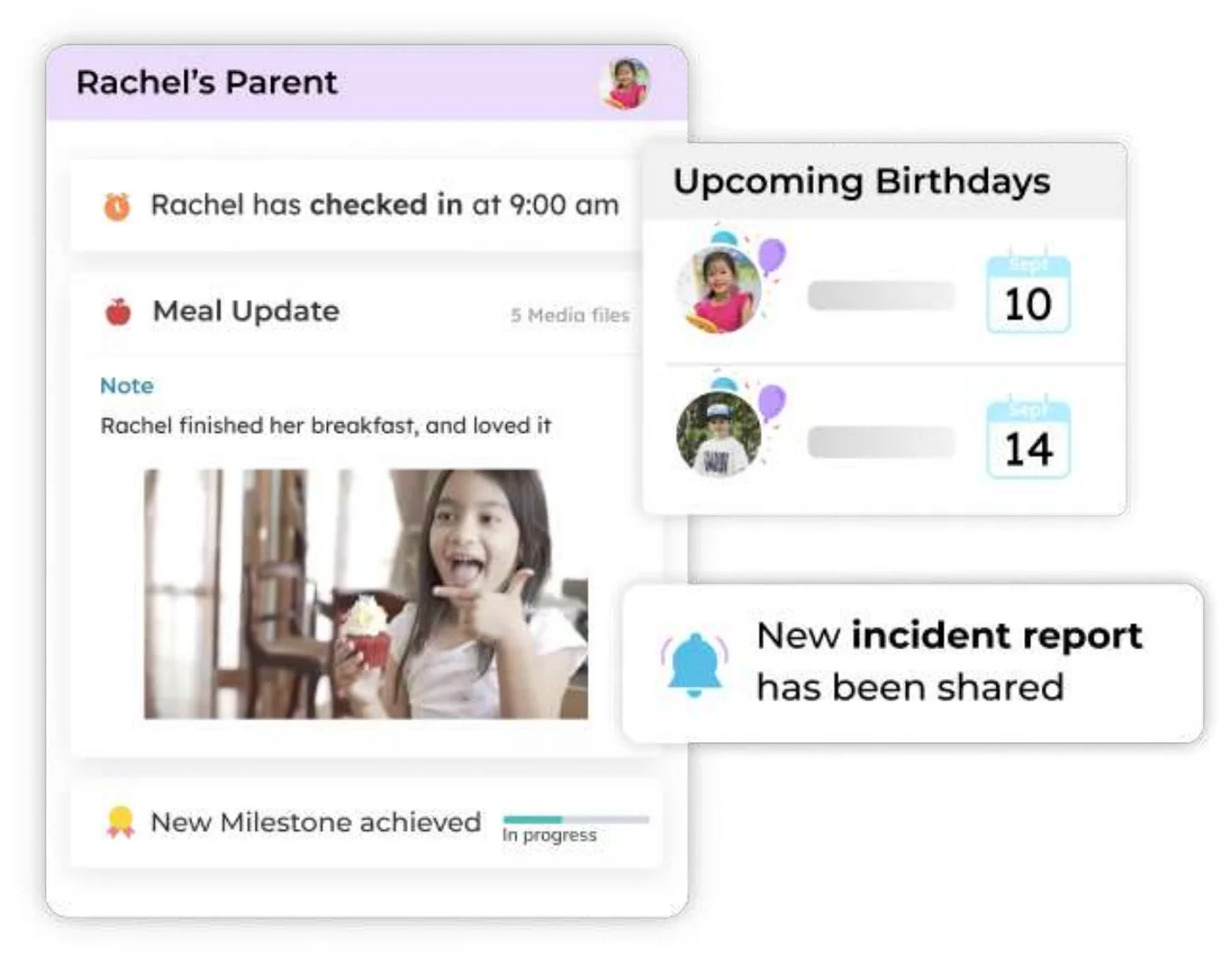 illumine parent app showing check-ins, meal updates with photos, upcoming birthdays, incident reports and milestones