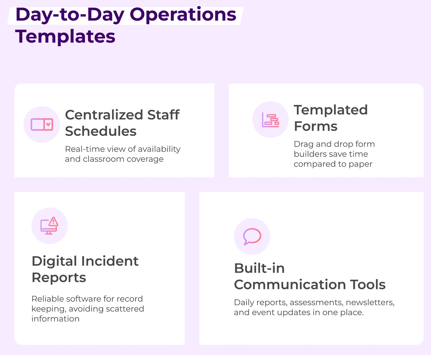 Day-to-day operations templates in illumine: centralized staff schedules, templated forms, digital incident reports and built-in communication tools