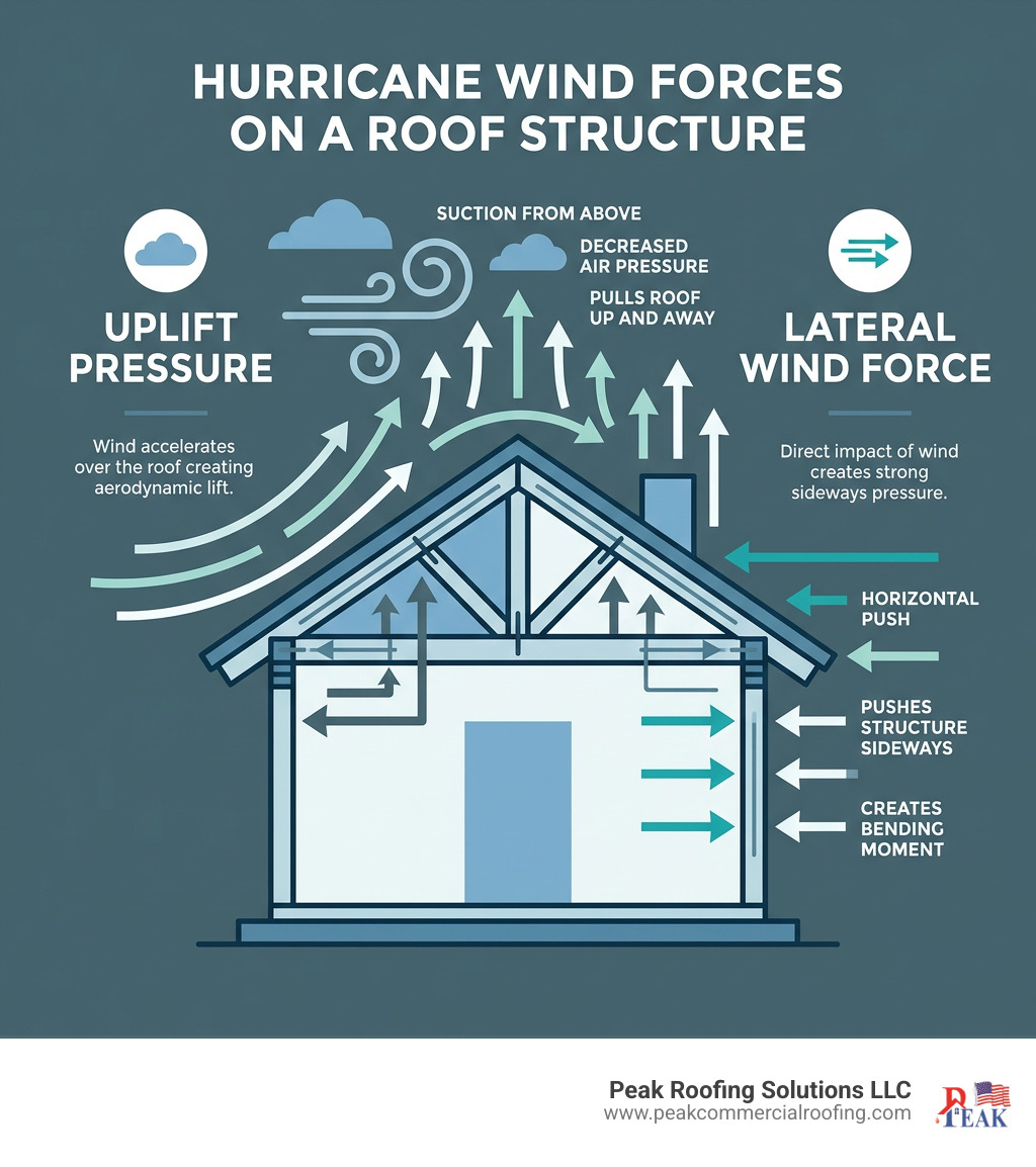 Infographic showing how hurricane wind pressure creates uplift and lateral force on a roof structure - hurricane resistant