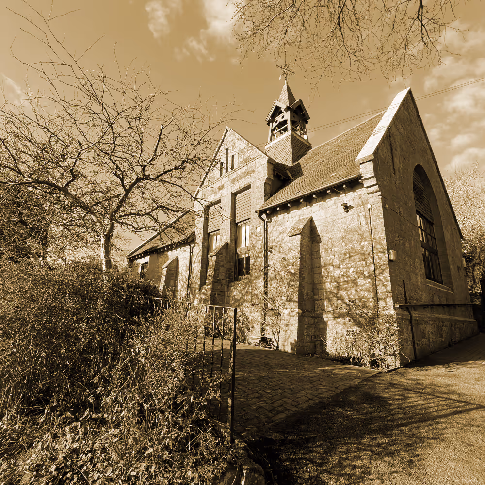 A sepia image of the Victorian-era St Lawrence Village Hall on the Isle of Wight.