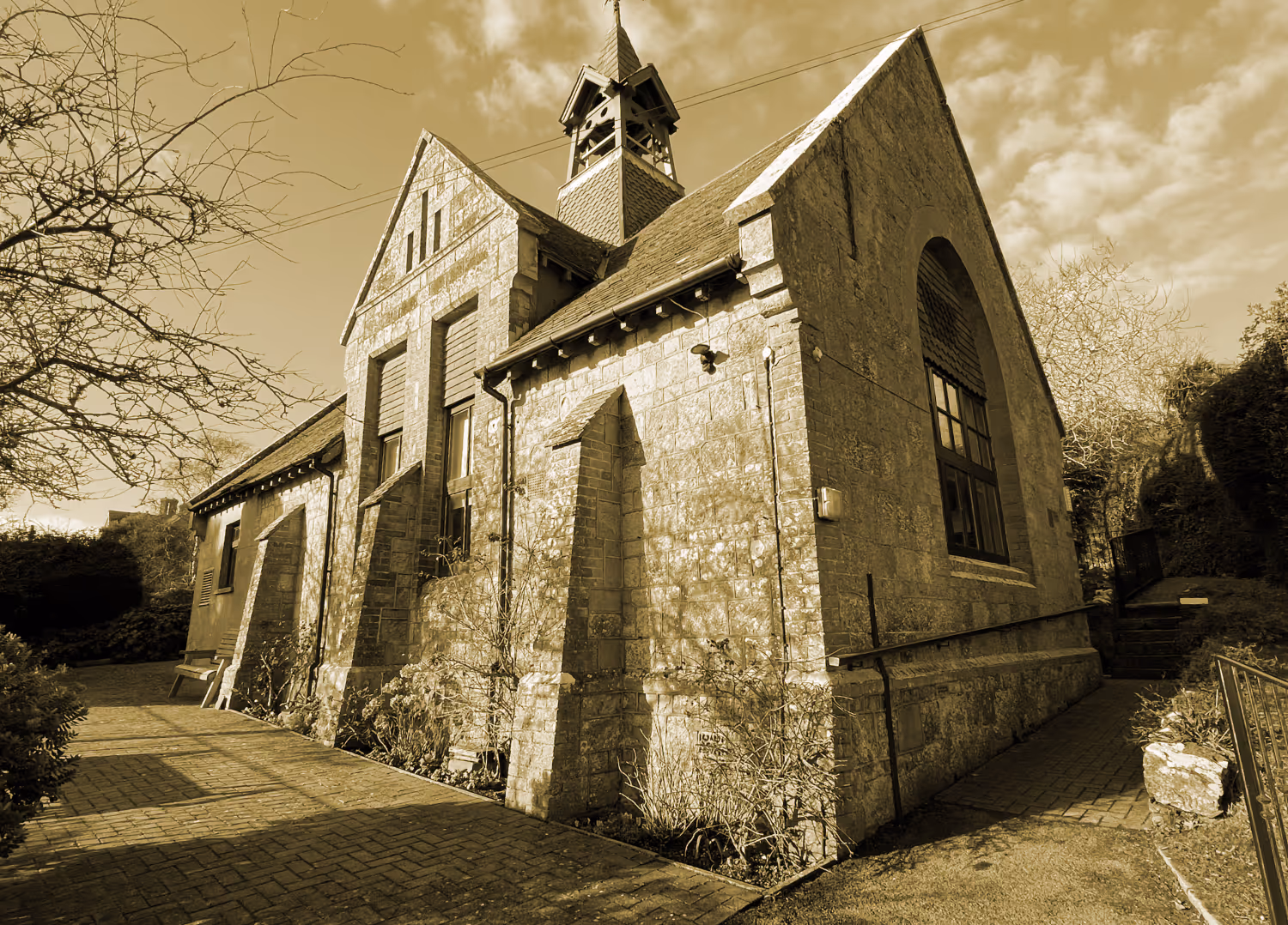 A sepia image of St Lawrence Village Hall on the Isle of Wight.