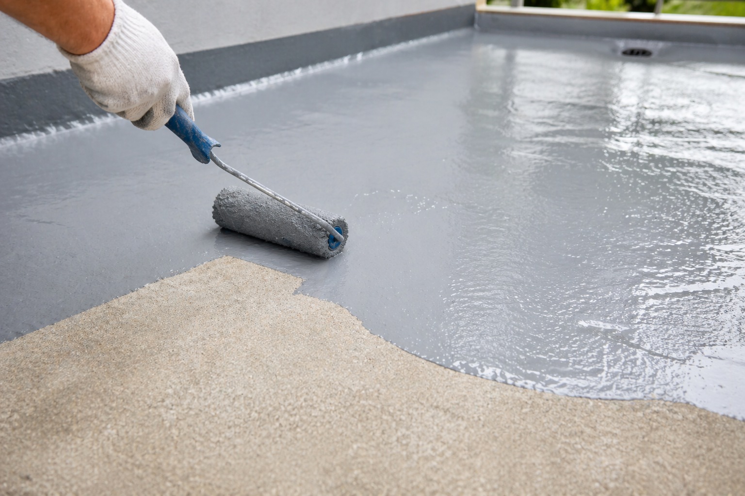 Worker applying gray liquid waterproofing membrane with a roller to a rooftop or balcony deck surface