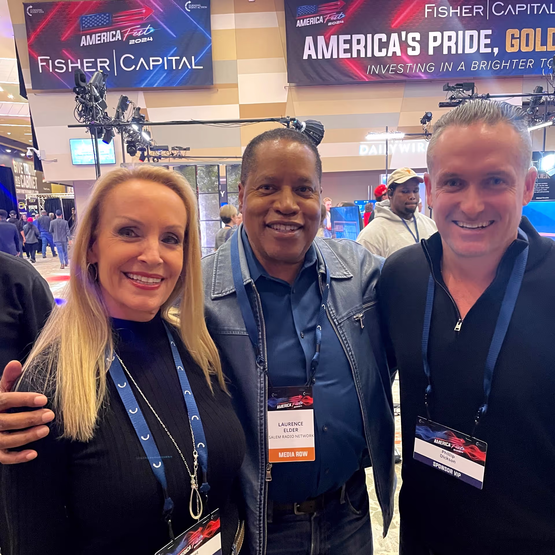Margaret Hixon, Larry Elder, and Phillip Dickson met Larry Elder at America Fest 2024