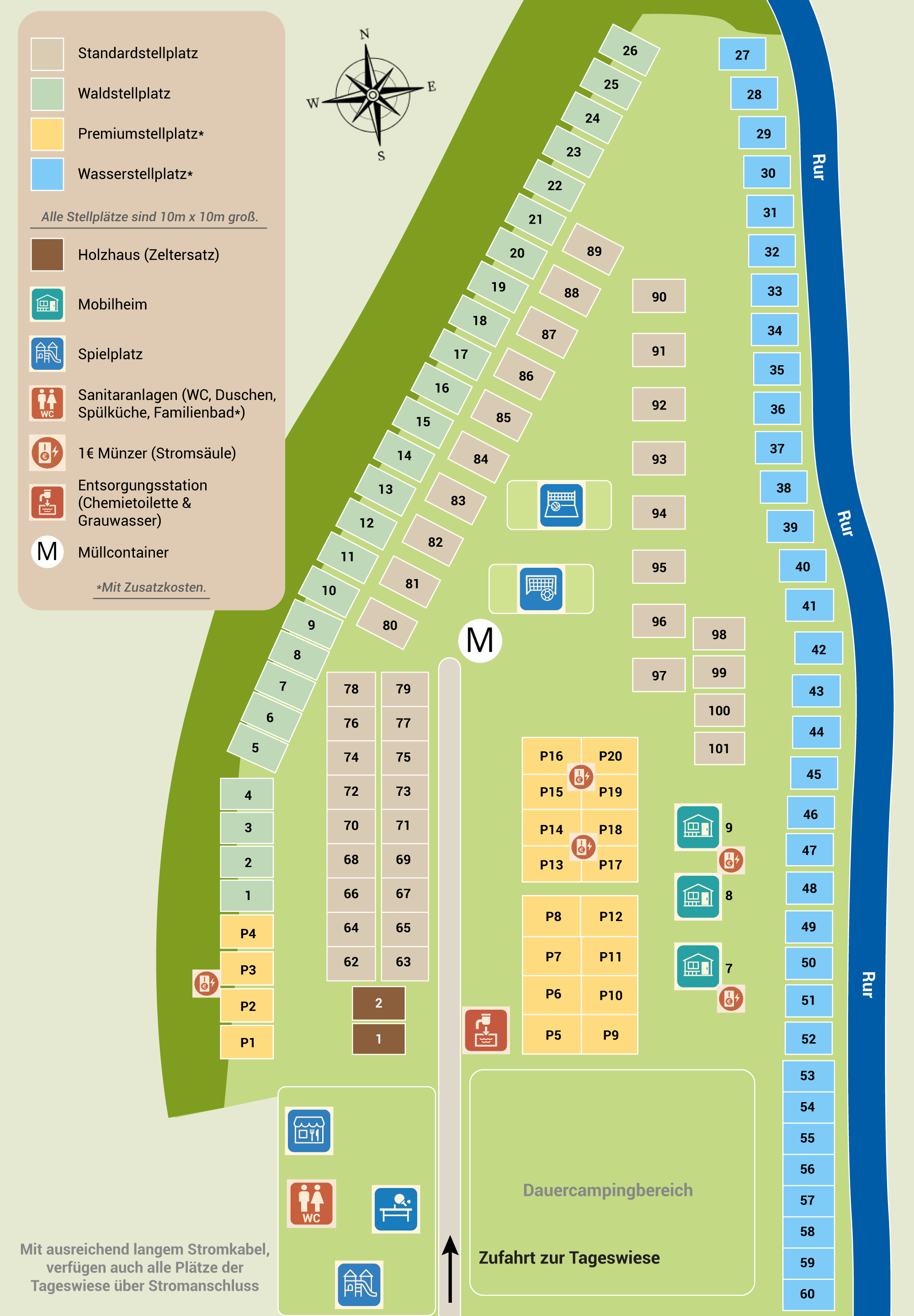 Platzplan der Zeltwiese des Heimbacher Campingplatzes an der Rur