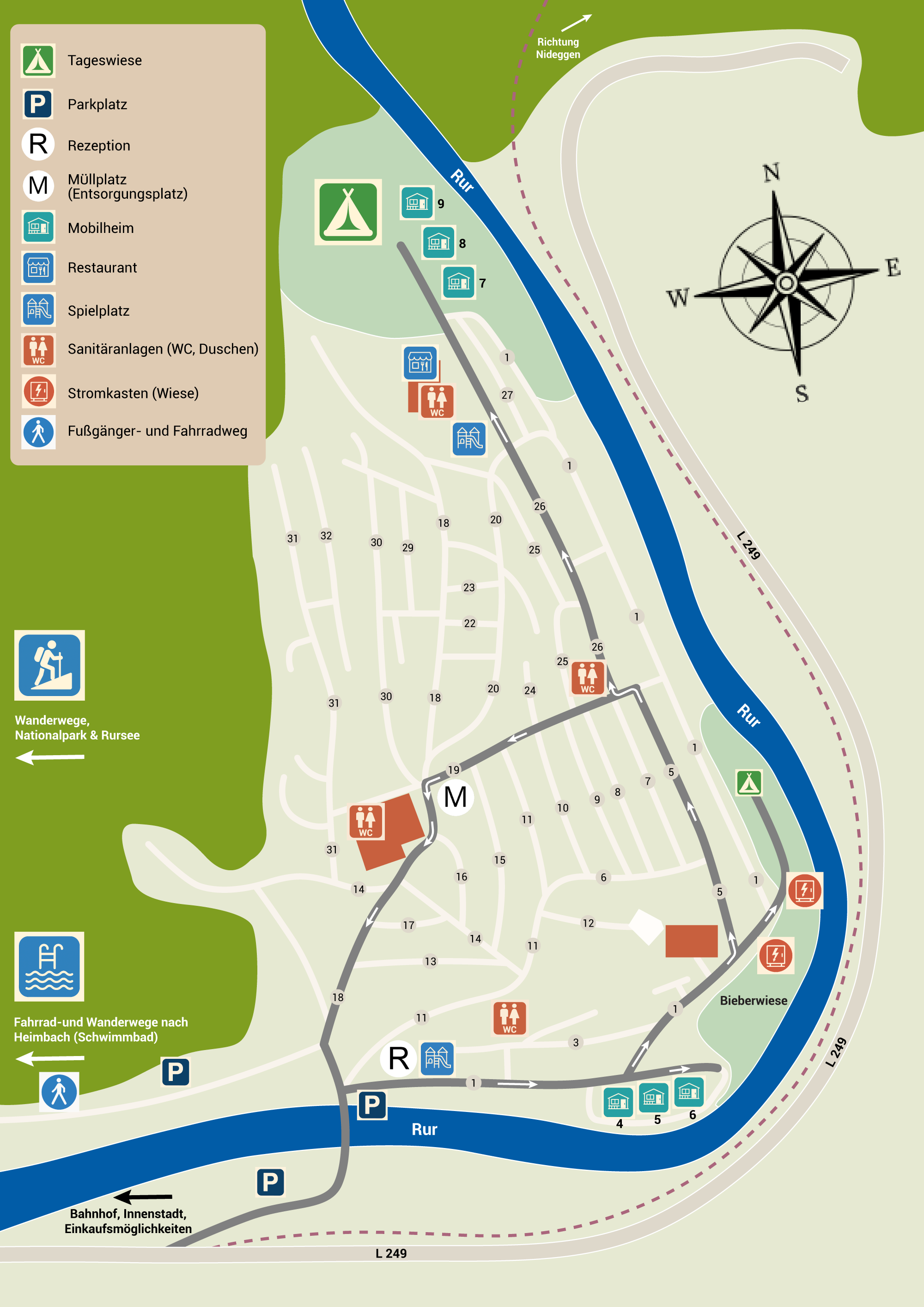 Platzplan des Heimbacher Campingplatzes mit nummerierten Stellplätzen, Mobilheimen, Holzhäusern, Spielplätzen und Sanitäranlagen