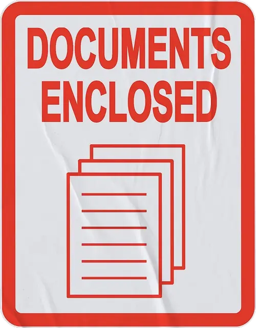 Red and white sticker reading Documents Enclosed with a paper stack icon