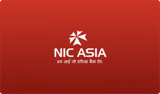 Red card with the NIC ASIA bank logo and star symbol. Designed by Bishrant Tandukar