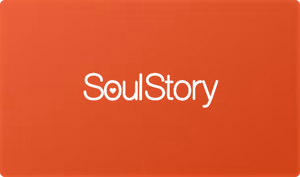 Red orange card with the SoulStory logo and a heart in the letter o. Designed by Bishrant Tandukar