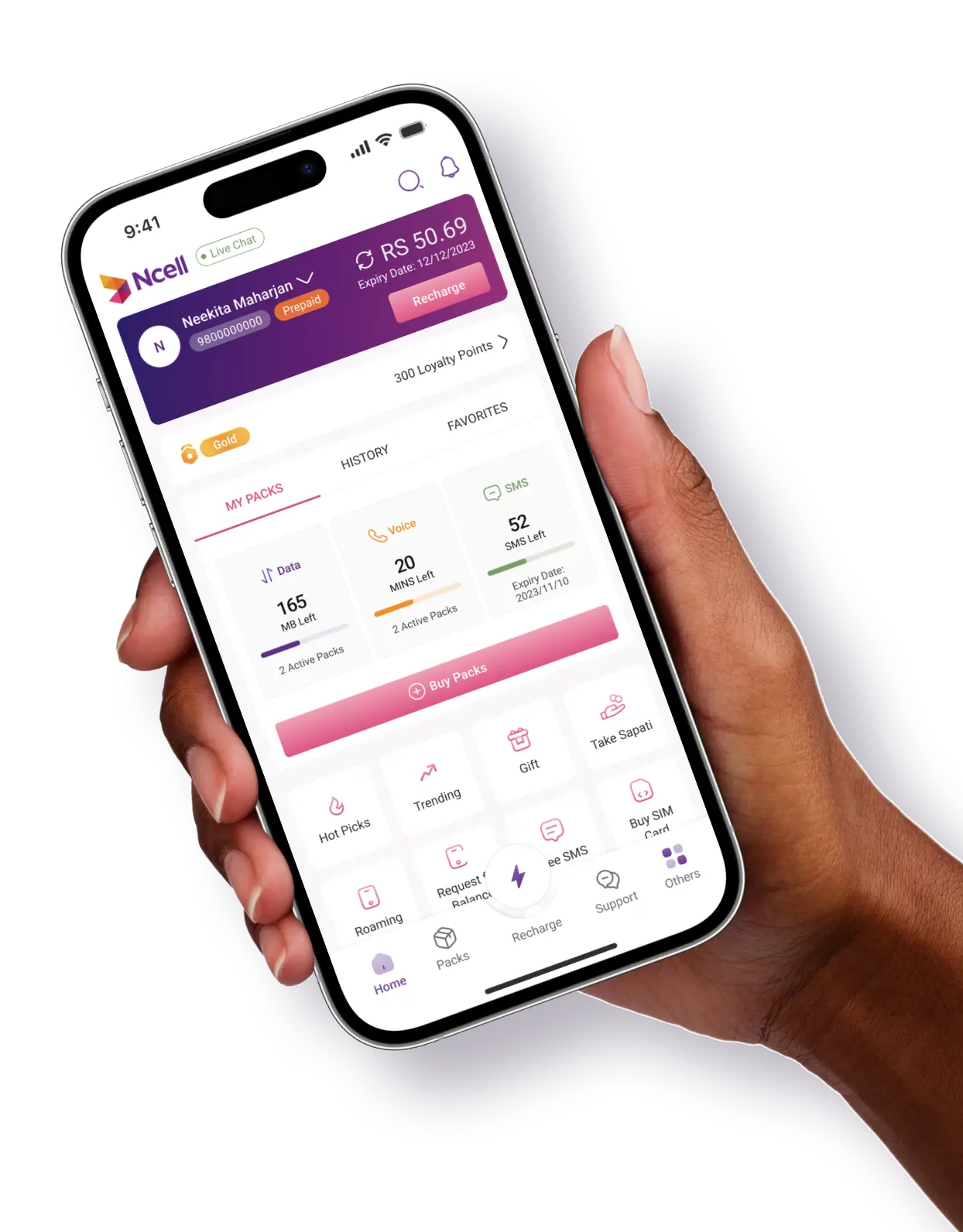 Hand holding a phone showing the Ncell app with balance, data usage, voice minutes and service options. Designed by Bishrant Tandukar