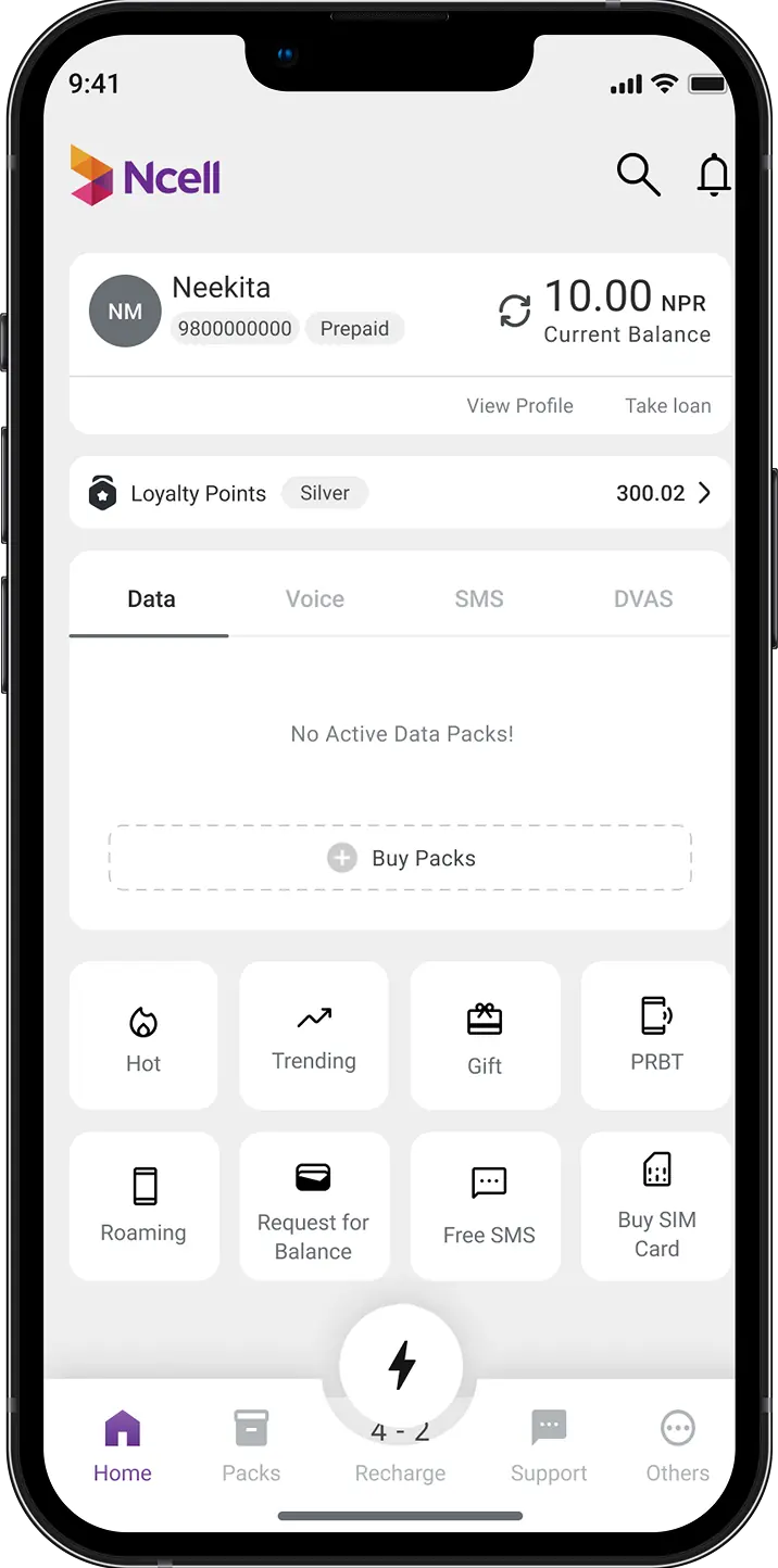 Early rough design of the new Ncell app