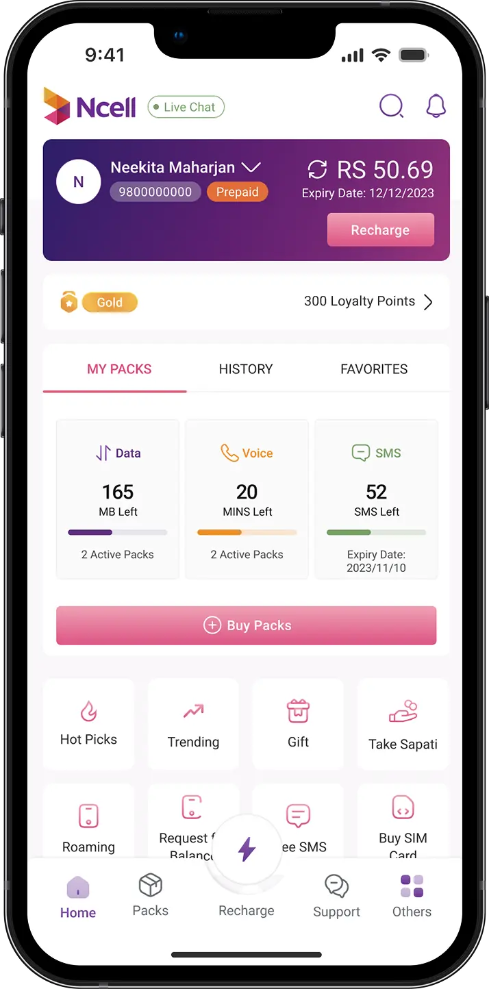 Final detailed design of the new Ncell app. Designed by Bishrant Tandukar