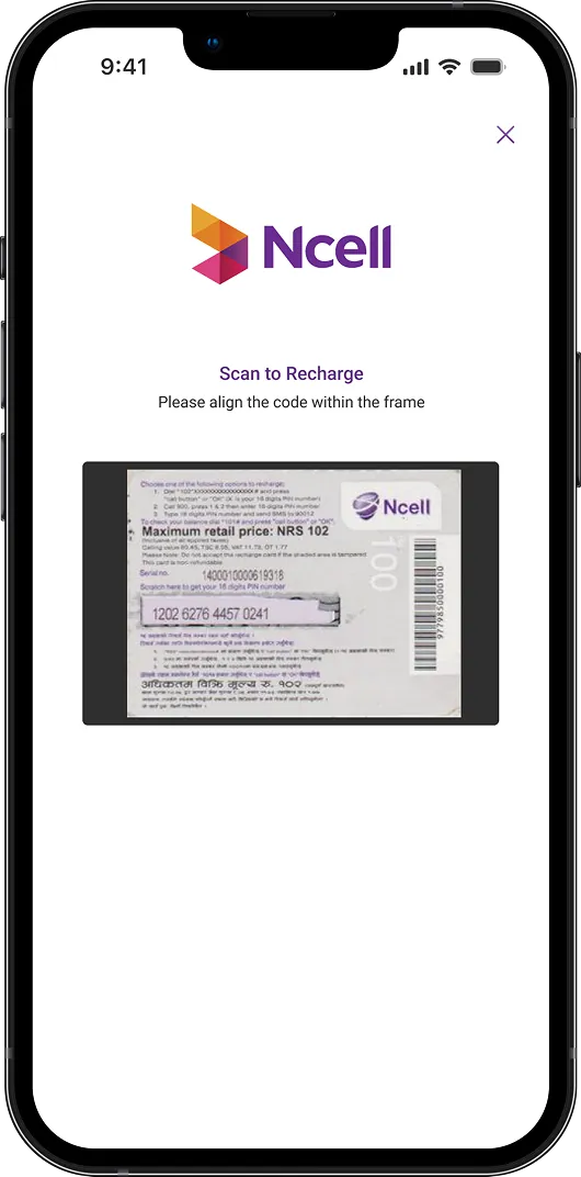 New Ncell app recharging by scanning the recharge pin