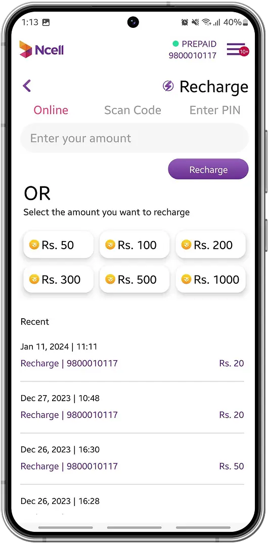Recharge screen of the old Ncell app