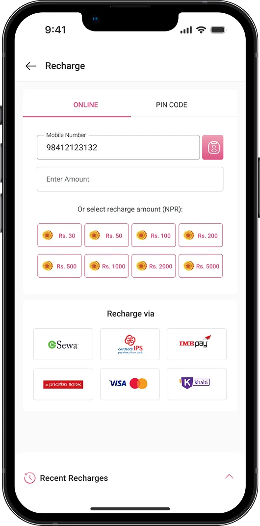 Recharge screen of the new Ncell app